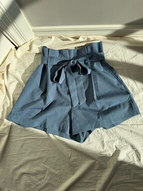 Allegra K High-Waist Paperbag Tie-Belt Shorts in Dusty Blue